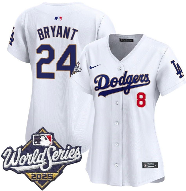 Women's Los Angeles Dodgers Front #8 Back #24 Kobe Bryant White 2025 World Series Home Limited Stitched Baseball Jersey(Run Small) Women's Los Angeles Dodgers Front #8 Back #24 Kobe Bryant White 2025 World Series Home Limited Stitched Baseball Jersey(Run Small)